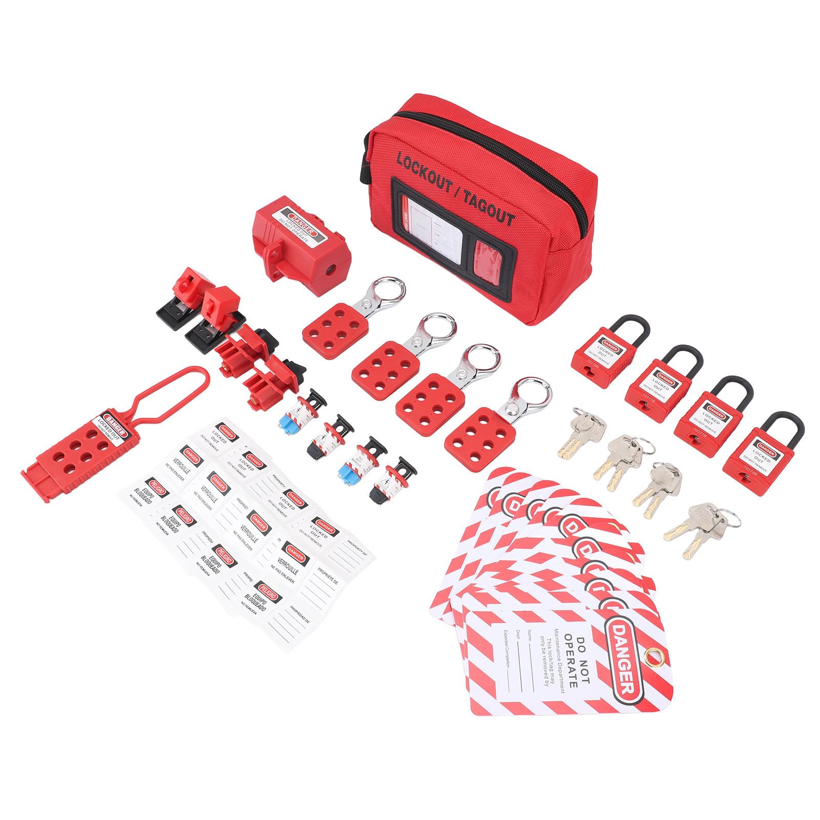 Kit de etiquetado y bloqueo eléctrico - Juego de dispositivos de seguridad de mantenimiento para uso industrial - Para disyuntores e interruptores - Incluye candados con llaves,