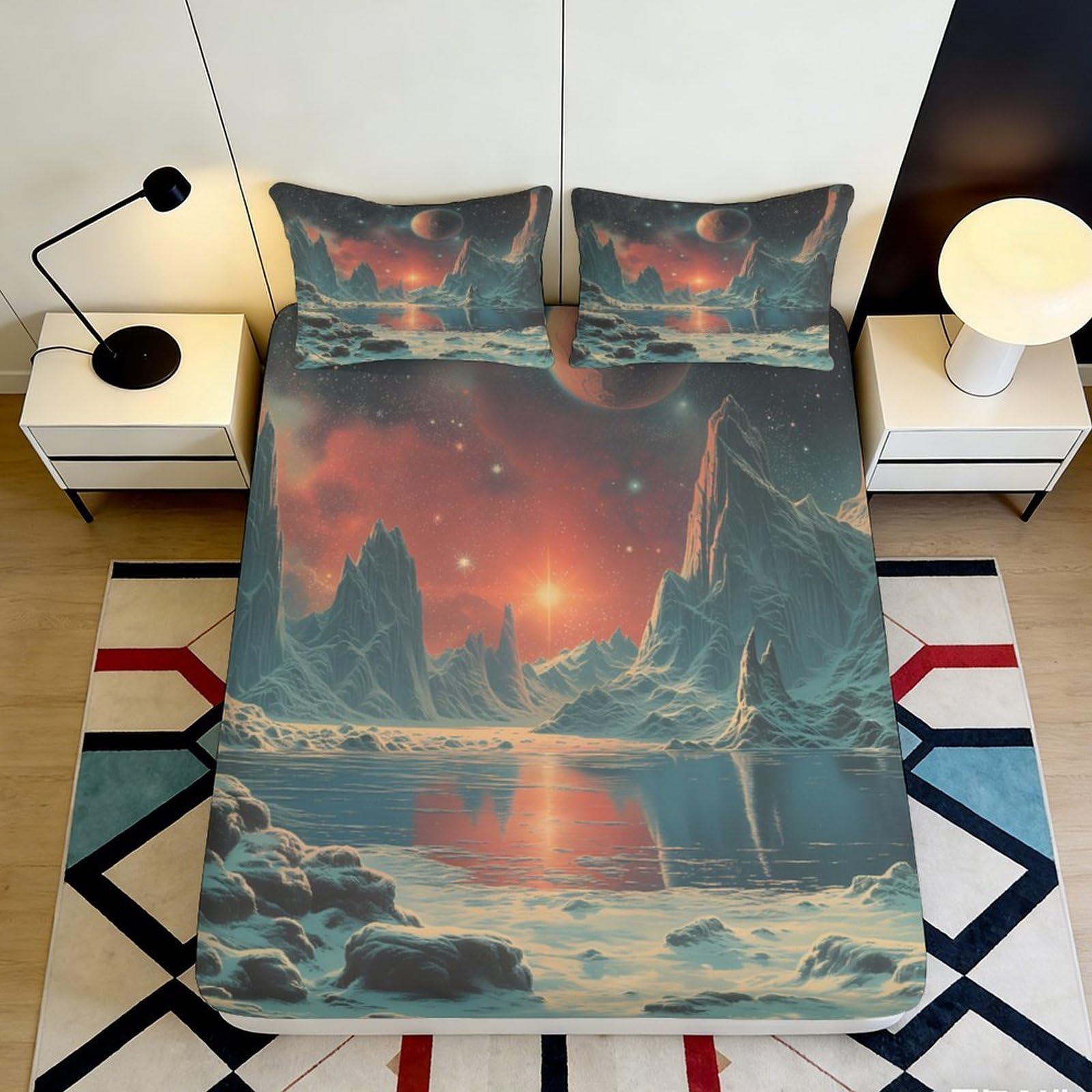 3D Printed Cosmic Landscape Fitted Sheet Microfiber Soft Breathable Nebula Bed Cover for Bedroom Dormitory Guest Room Mattress Protection Decor 200x200x25cm