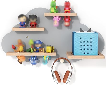 Cloud Tonie Wall Shelf for Toniebox - Magnetic Floating Storage Shelf for 8-12 Tonie Figures & MP3 Player, Beech Wood Display Tonie Shelf for Children Kids RoomGrey