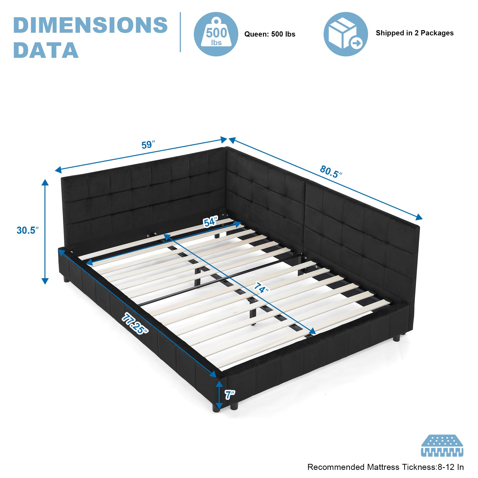SmartEdge Full Size Corner Bed Frame, Velvet Upholstered L Shaped Daybed, Modern Tufted Daybed with Backrest & Armrests, Floor Platform Bed for Kids Teens Guests, No Box Spring Needed, Black