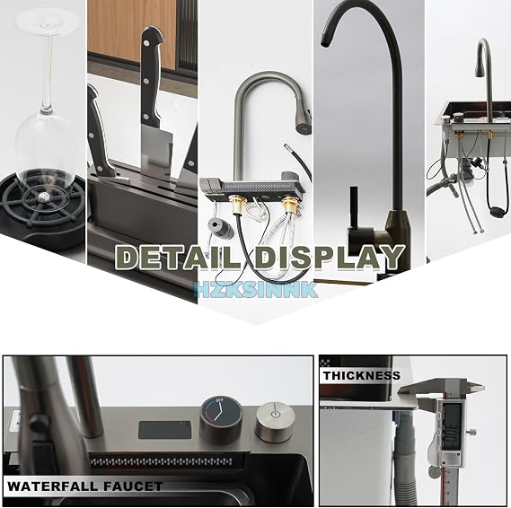 75 x 45 cm Waterfall Kitchen Sink 1 Basin Black Multifunctional Stainless Steel Bar Sink with Extendable Taps Chopping Board Siphon Overflow and Drain Set Complete Accessories Countertop Sink