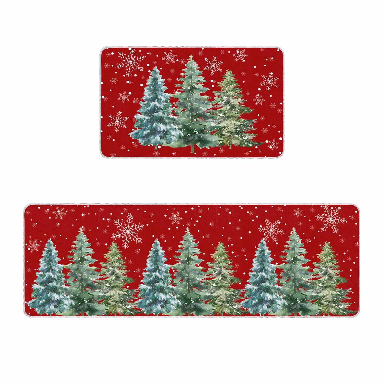 Christmas Tree Red Kitchen Mat Set 2 Pcs, White Snowflake Non Slip Kitchen Rugs and Mats, Green Winter Forest Washable Kitchen Runner Rug Sets for