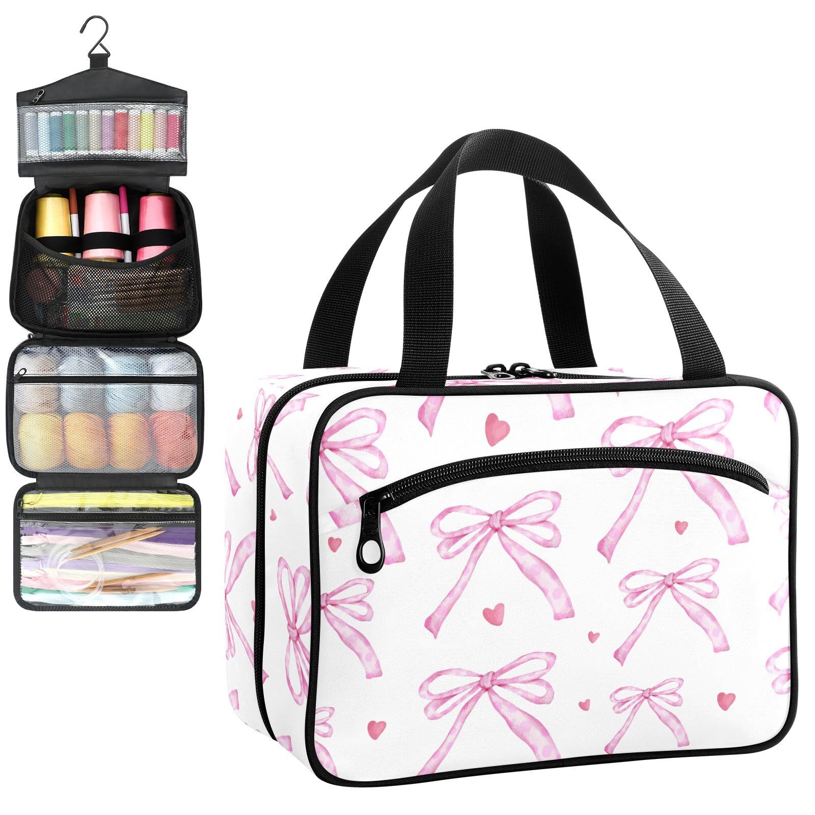 YNNALE Sewing Supply Organizer Bag, Coquette Bow with Cute Pink Heart Portable Sewing Bags with Pockets&Hanger, Sewing Storage Box Case for Sew Supplies/Kit/Tools/Accessories (BAG ONLY)