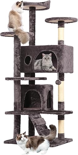 Vista 131 de BestPet Torre de árbol para gatos de 54 pulgadas Beige Resistente y fácil de montar, centro de actividades de varios niveles con postes