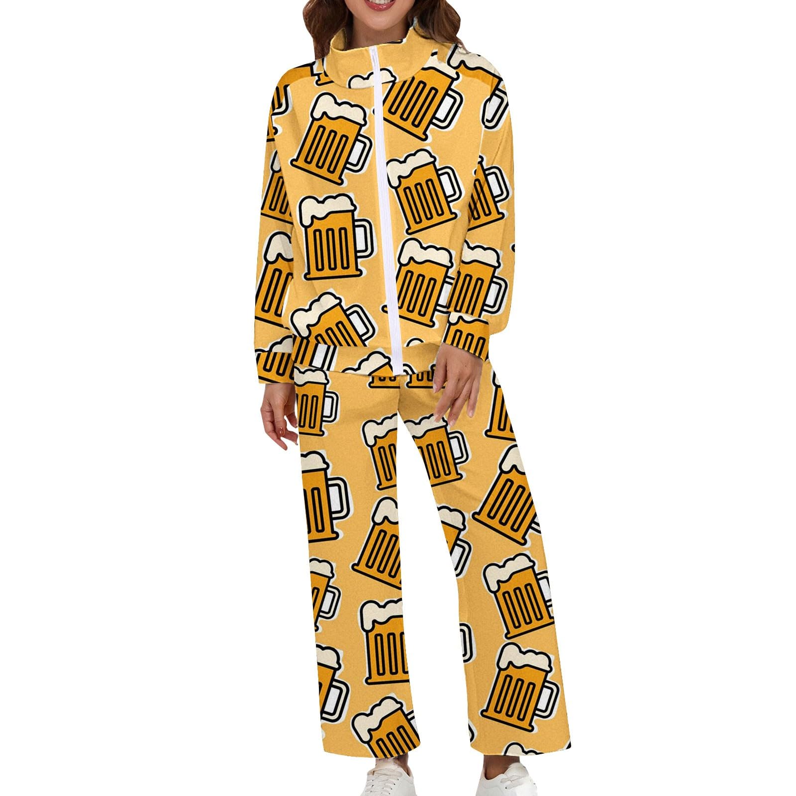 Tuta da donna in 2 pezzi, per autunno e inverno, con chiusura lampo e gamba dritta, tinta unita, con fiori, calda, elastica, comoda, per attività all'aperto, allenamento, jogging, da jogging, S-3Xl