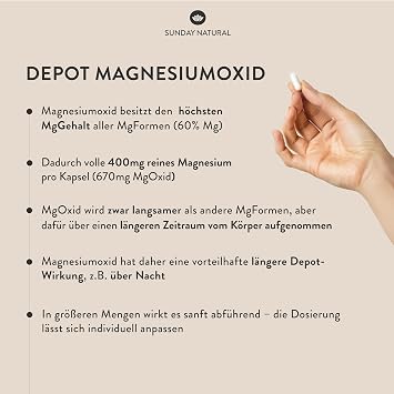 SUNDAY NATURAL® Magnesium hochdosiert Kapseln - 365 Stück - 673mg je Kapsel davon 400mg reines Magnesium - Höherer Gehalt als andere Magnesiumformen - Laborgeprüft in Deutschland & Vegan