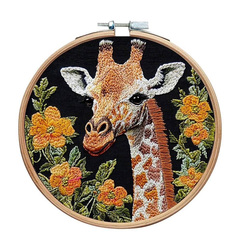 Meecaa Yellow Animal Flower Giraffe Embroidery Kit Starter Set, Hand Embroidery Set,Pattern Printed Cross Stitch Set for Beginner Adults, with Embroidery Hoop and Instructions (Yellow Flower)