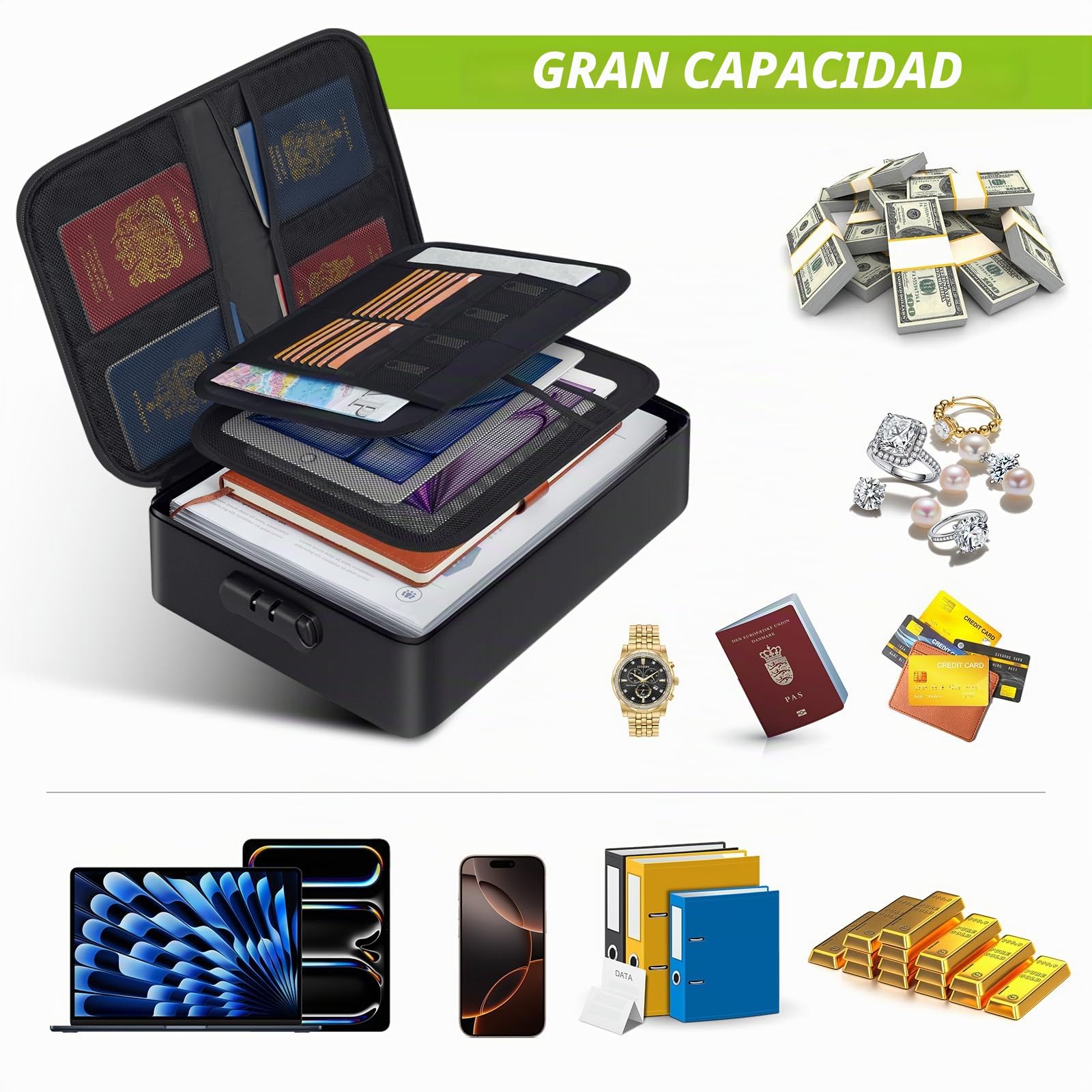 PAWBOSE Caja Fuerte Ignífuga con Cerradura, Bolsa para Documentos Ignífuga, Tarjeta, Certificado Importante con Organizadora de Varias Capas, Bolsa de Documentos para el hogar Oficina Viajes