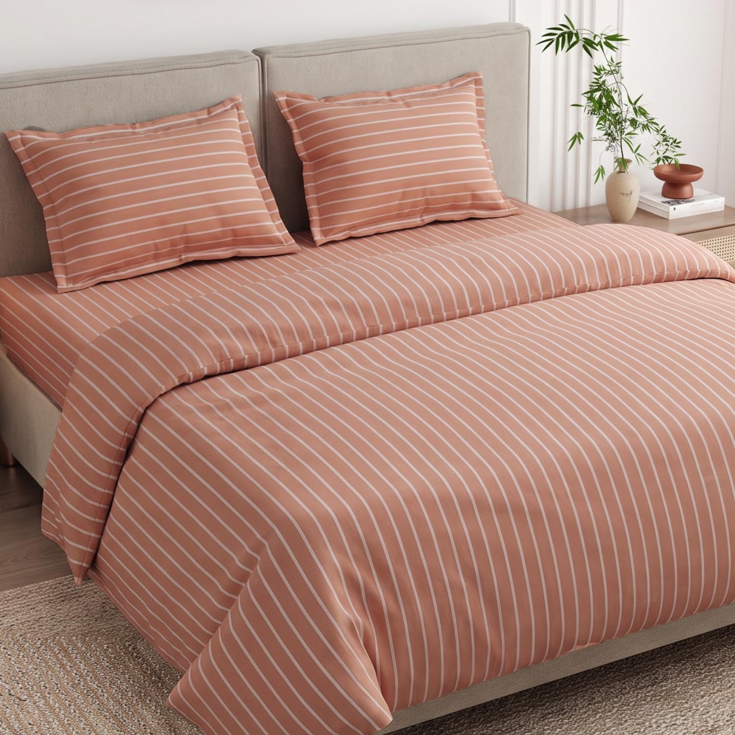 Haus & Kinder King Size Bedsheet 108 x 108 | 186 TC Pure Cotton Bedsheets for Double Bed King Size with 2 Pillow Covers | King Size Bed Sheet Cotton | Kohaku Stripe Amber-picture-40