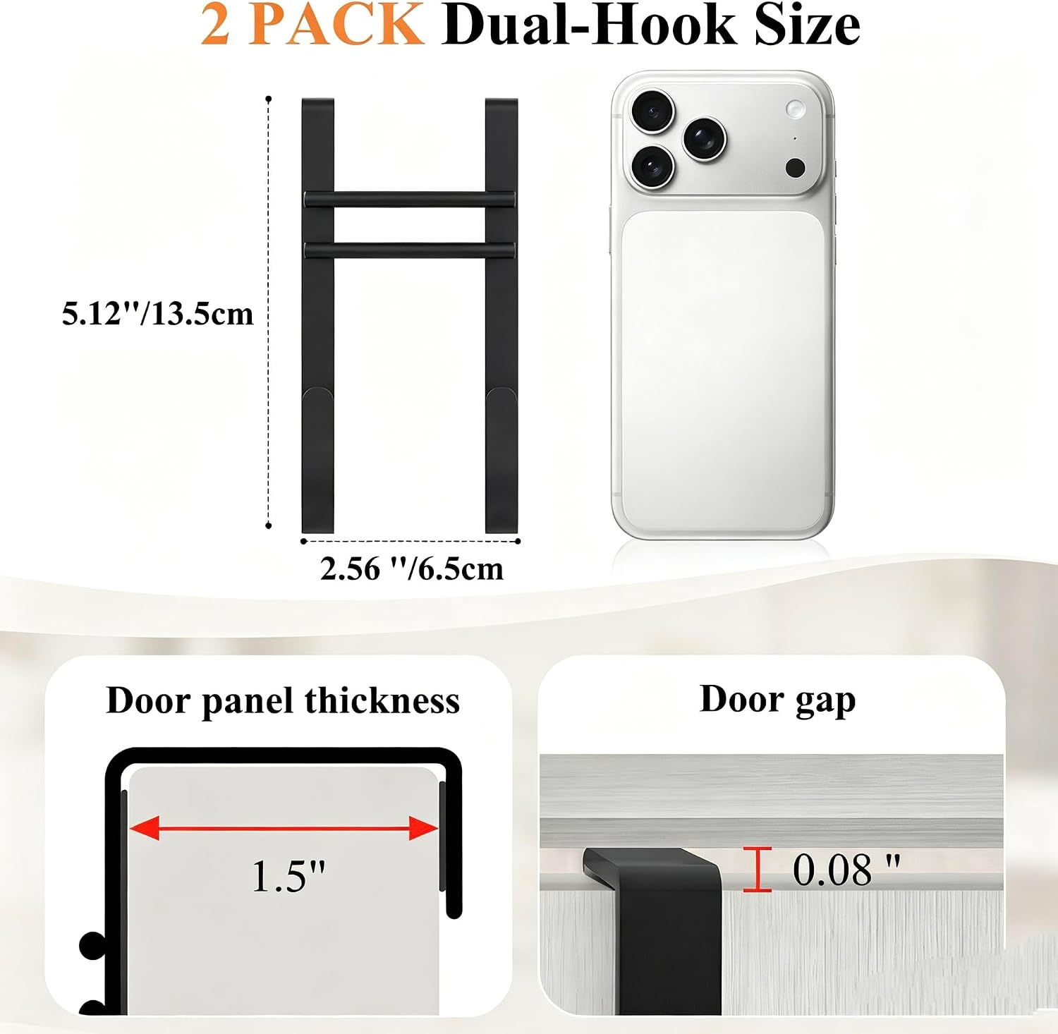 FYY Over the Door Hooks - No Assembly Required 2 PCS Double Hanger Heavy Duty Metal Towel Rack with Soft Pads, Organizer for Coat, Bag, Robe-Fits Bathroom, Closet Dorm Up to 1 1/2", 5.12" Long, Black image 4