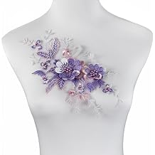 Silvora 2 PCS Flower Fabric Beaded Pearl Lace Applique, 3D Embroidered Patch for Dresses,Handmade Sewing Tool for DIY Neckline Bodice PantsPurple