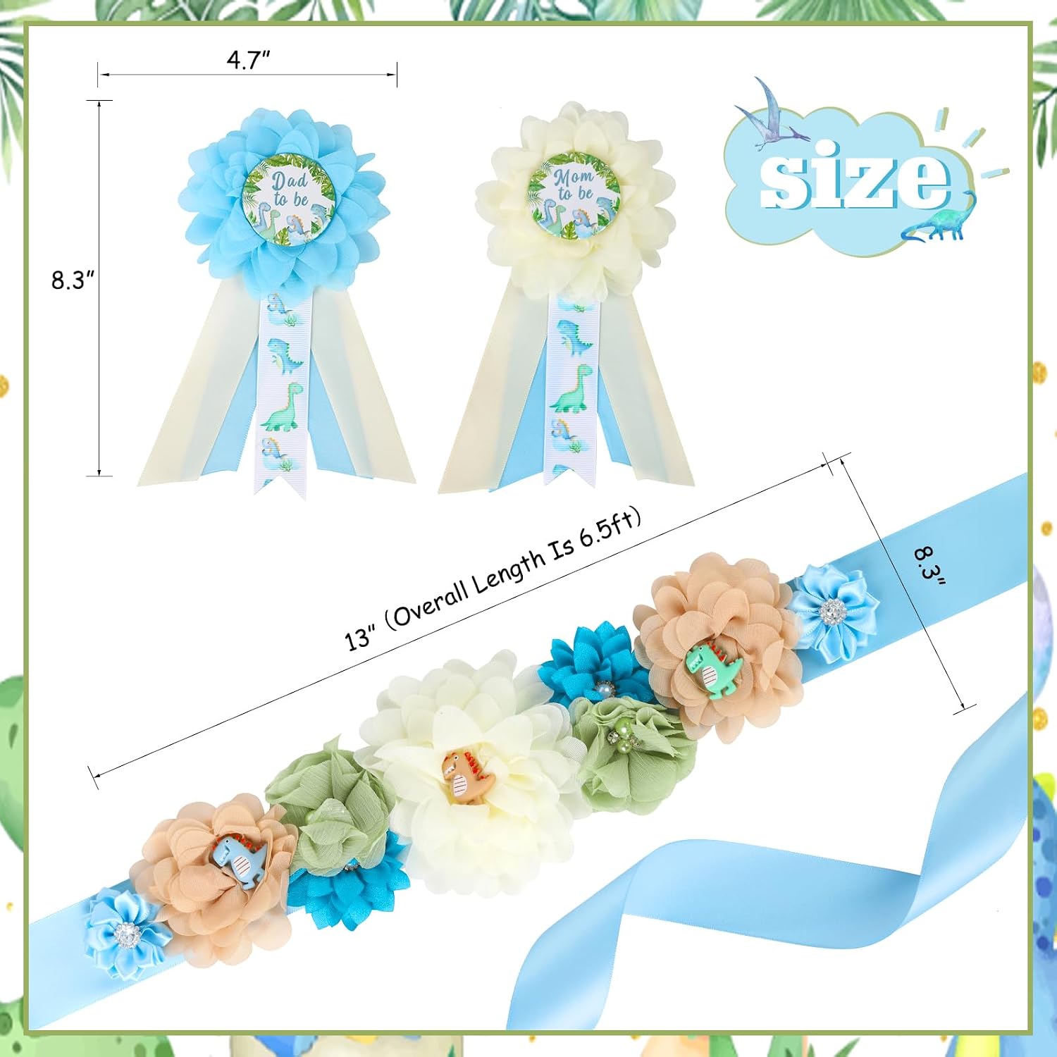 Blue Dinosaur Baby Shower Maternity Sash Kit - Hatching Soon Dinosaur Baby Shower Belly Belt and Mom to Be & Dad to Be Corsage Pins, Pregnancy New Parents Photo Props Dinosaur Theme Party