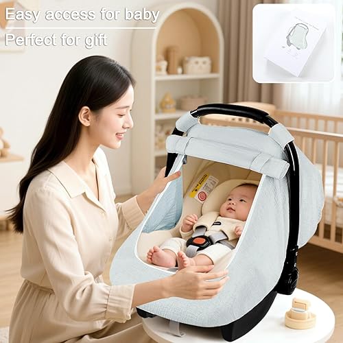 Miniatura 5 de Fundas de asiento de automóvil de muselina para bebés, funda de asiento de automóvil de verano para niños y niñas con ventana transpirable, toldo