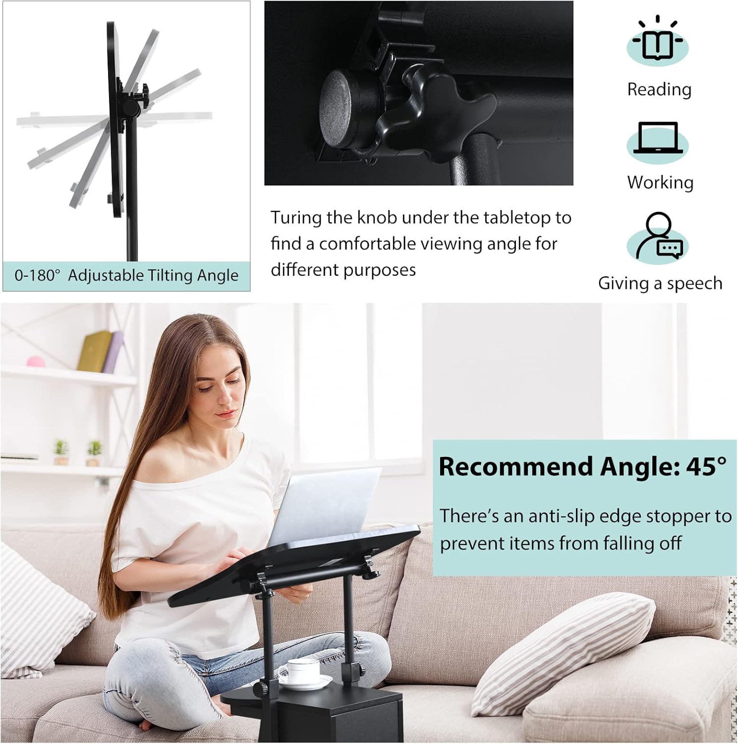 Tangkula Mobile Laptop Podium, Height Adjustable Sit to Stand Desk with Tilting Desktop & Storage Cabinet, Ergonomic Rolling Lectern Cart Laptop Desk, Office Podium Stand on Wheels