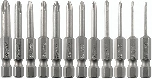 Phillips - Juego de puntas de destornillador con ranura cruzada, 12 unidades, vástago hexagonal de 14 de pulgada de 2 pulgadas1.969 in de longitud,