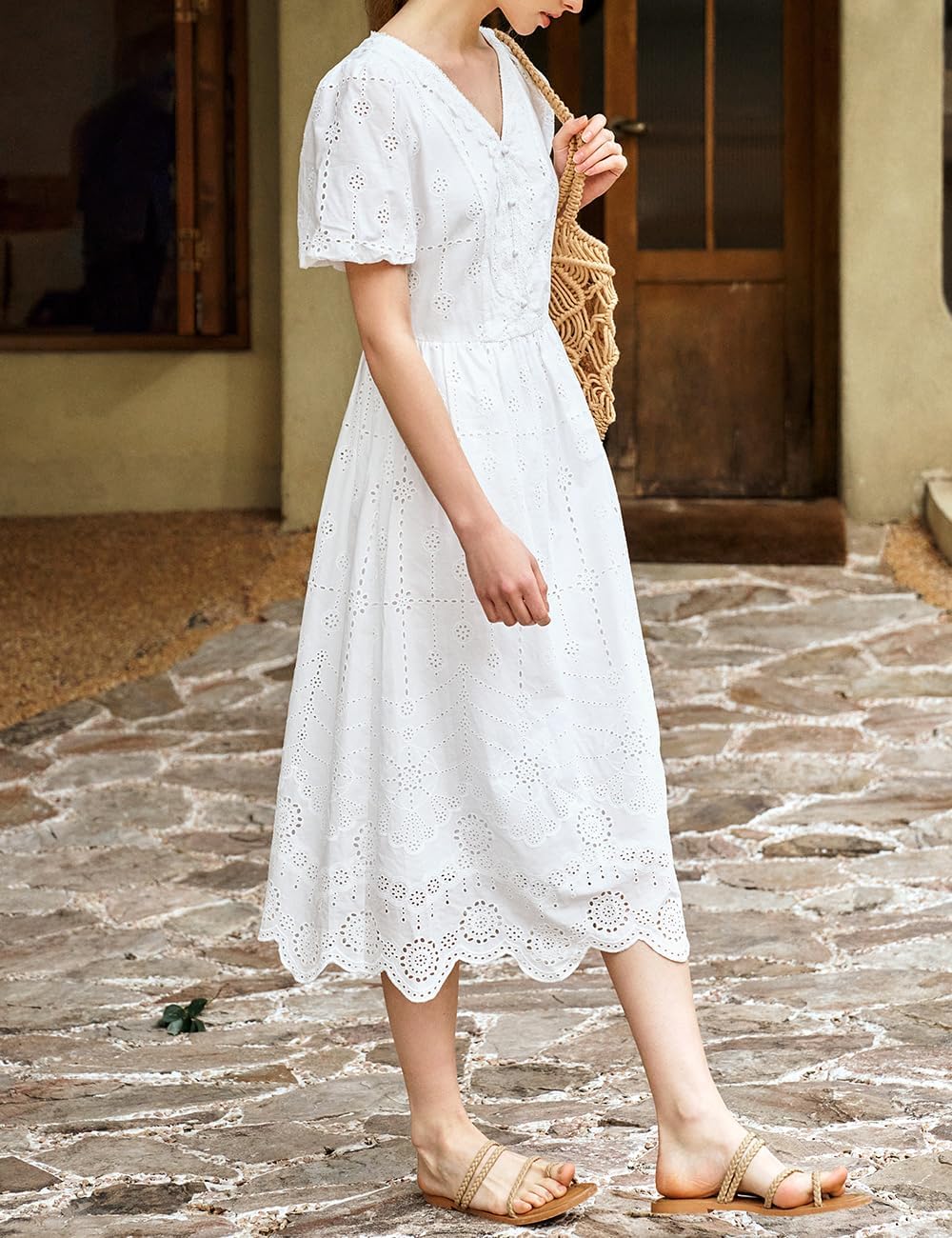 Women's White Bohemian Midi Dress, V-Neck Puff Sleeve Eyelet Lace Summer Casual Cute Baby Doll Long Dress - Image 3