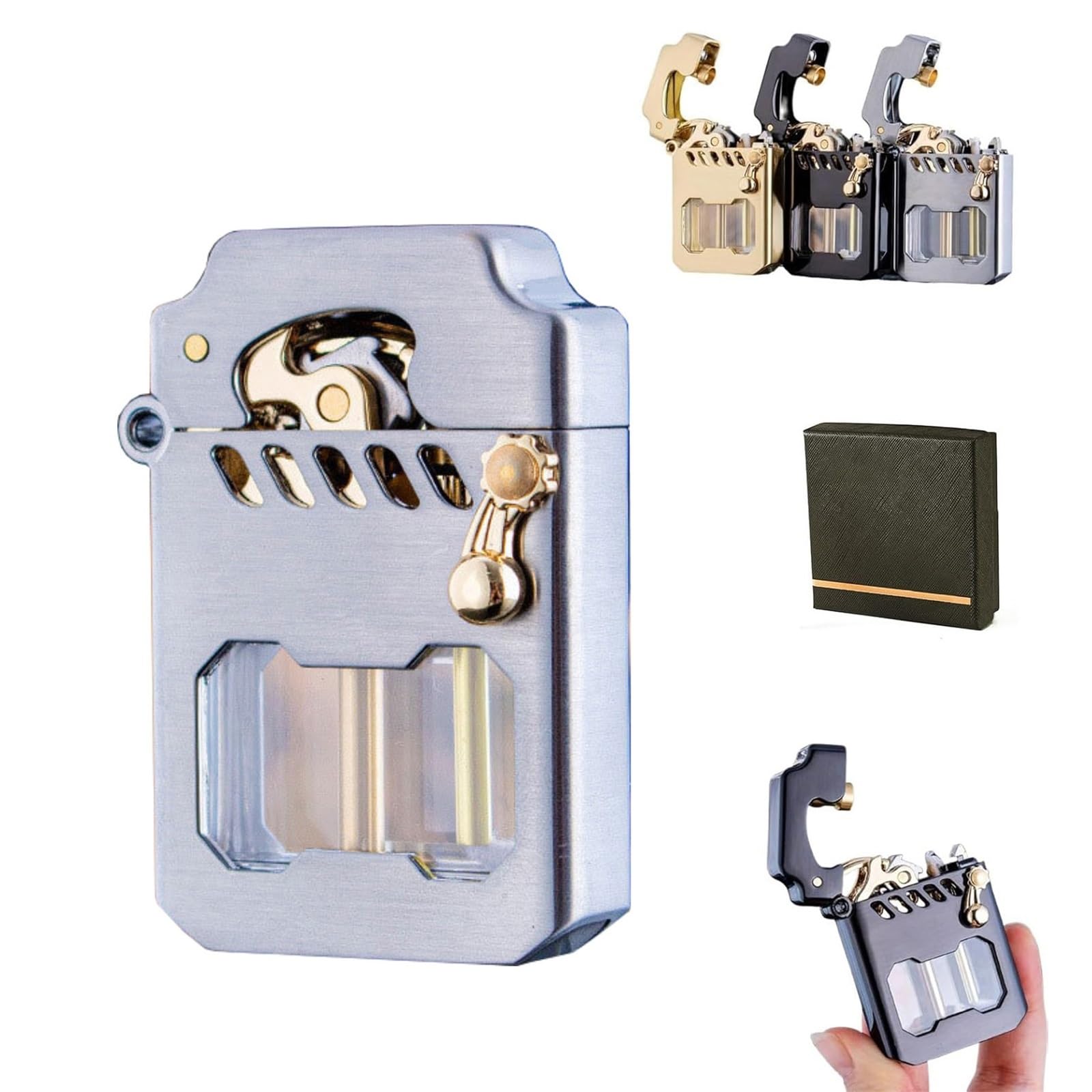 Briquet à bascule en métal rétro avec réservoir transparent en cuivre
