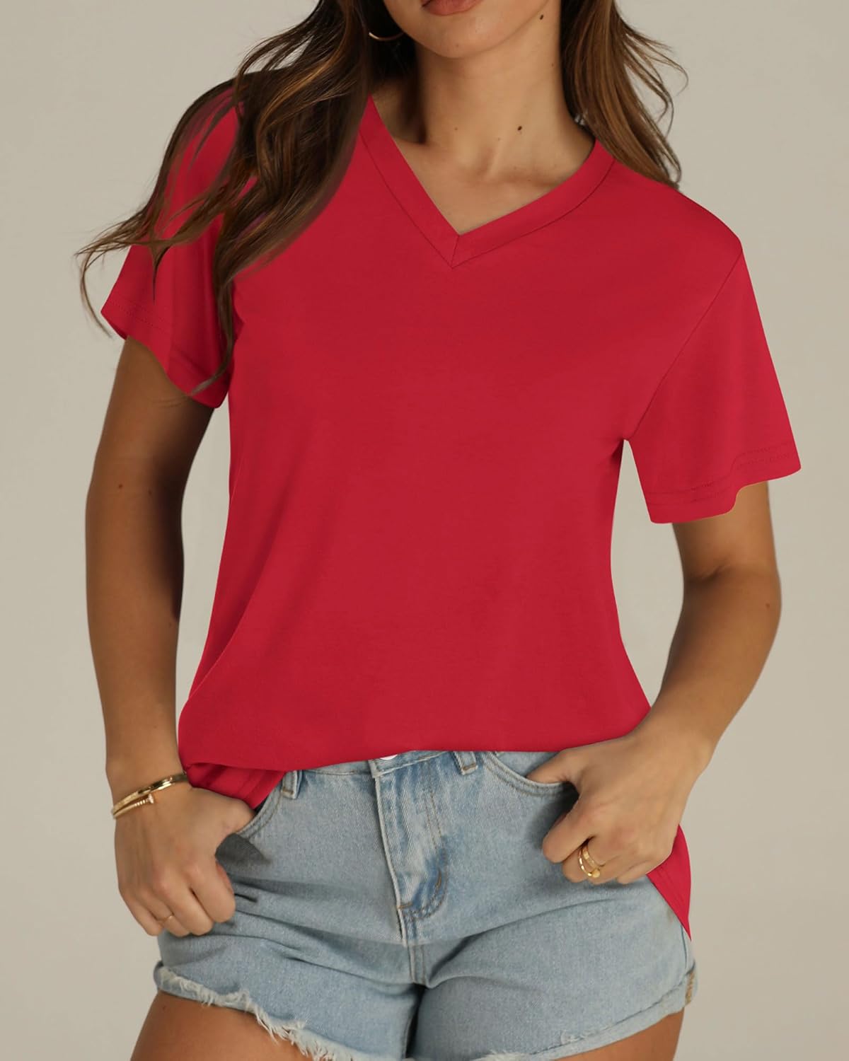 Womens T Shirts V Neck Short Sleeve Summer Tops Casual Basic Tees - Image 6