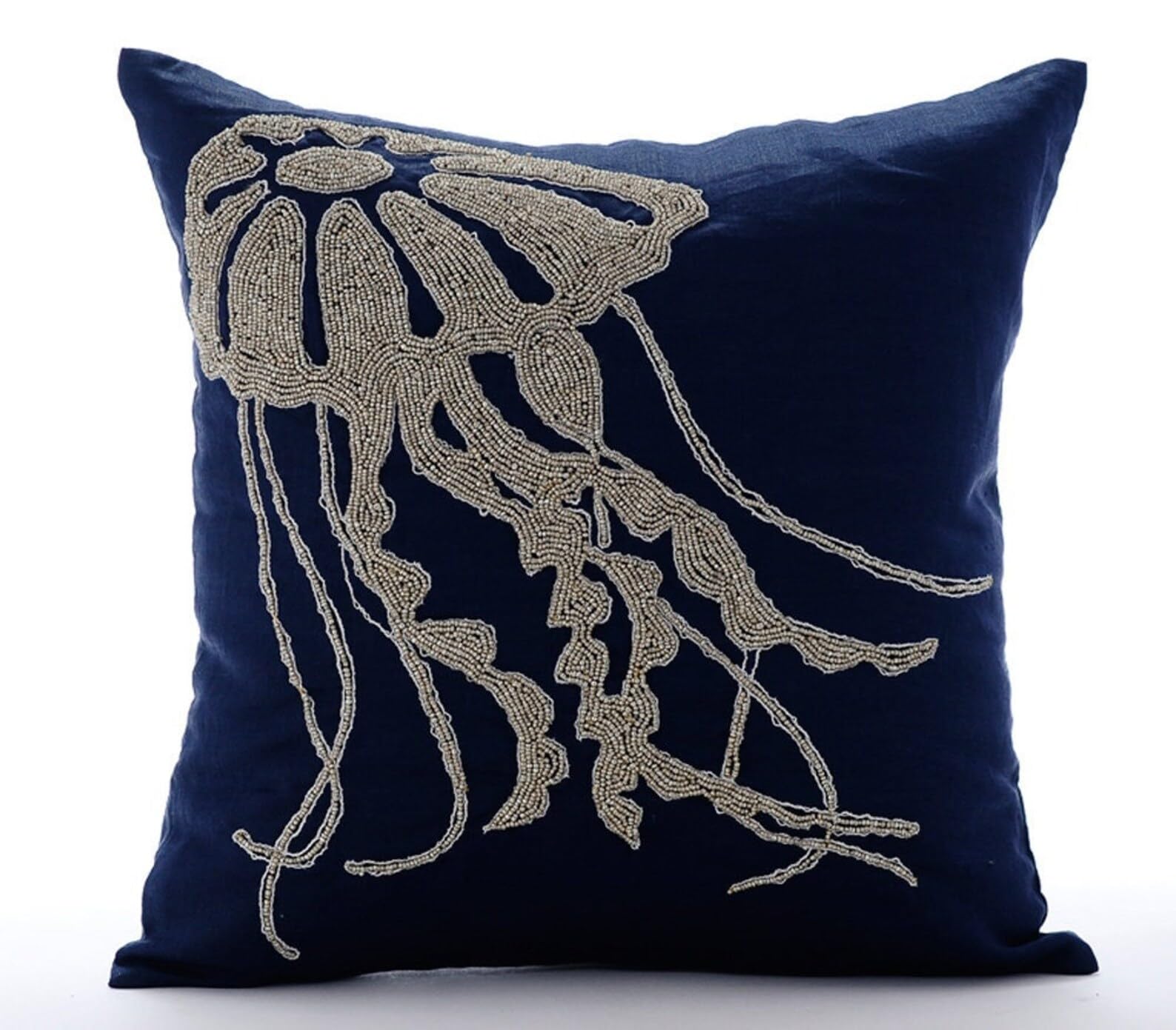The HomeCentric Navy Blue Euro Sham Covers, Pack of 2, 65x65 cm (26"x26"), Beaded Jelly Fish Sea Creatures Ocean and Beach Theme Euro Cushion Shams, Cotton Linen Floral - Jelly Fish At The Shore โ image 1