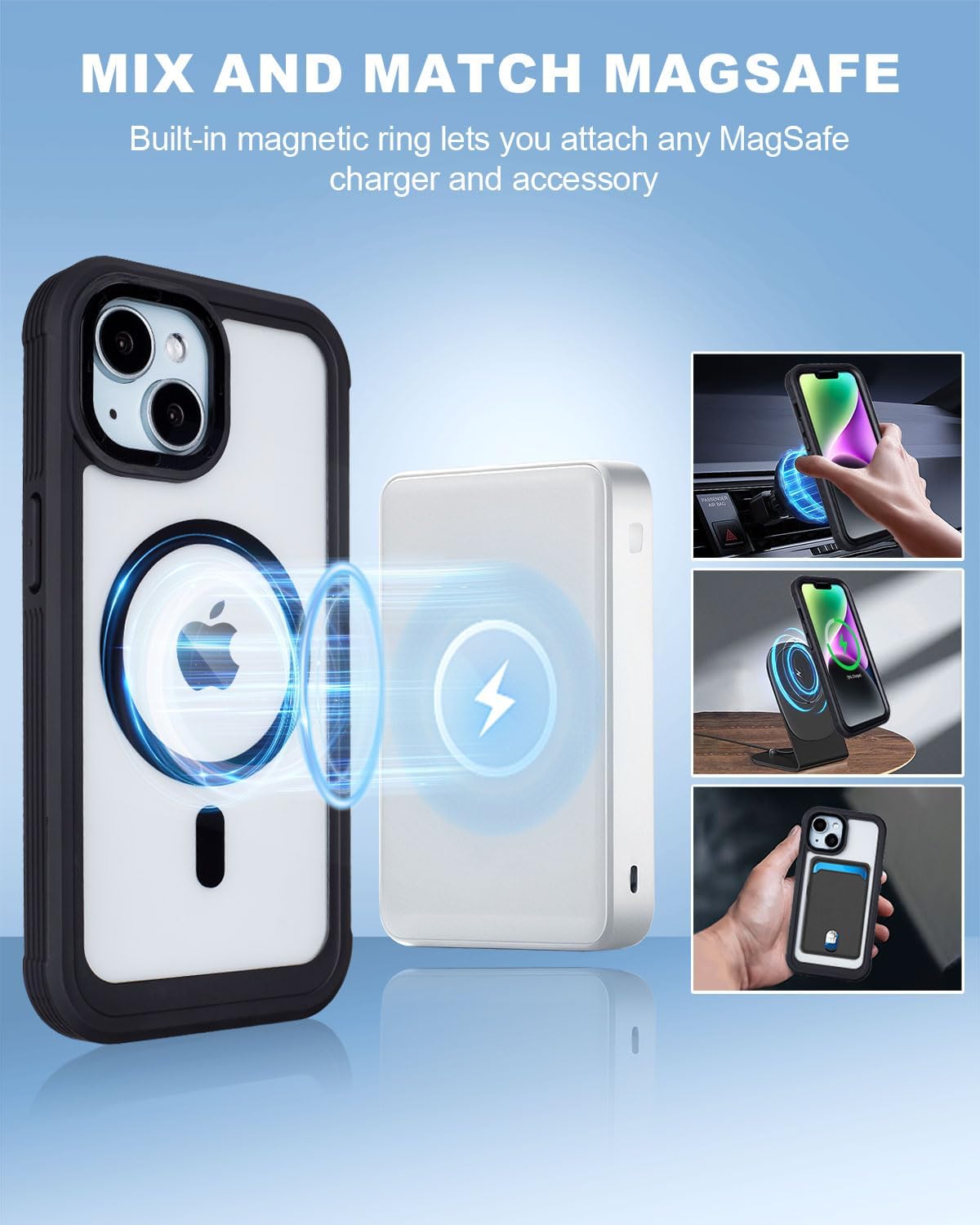 Defender for Clear iPhone 14 Case with Belt Clip Holster + 2 Screen Protectors, Compatible with MagSafe, Anti-Yellowing, Full-Body Phone Cover for iPhone 14 Case (Clear & Black) - Image 3