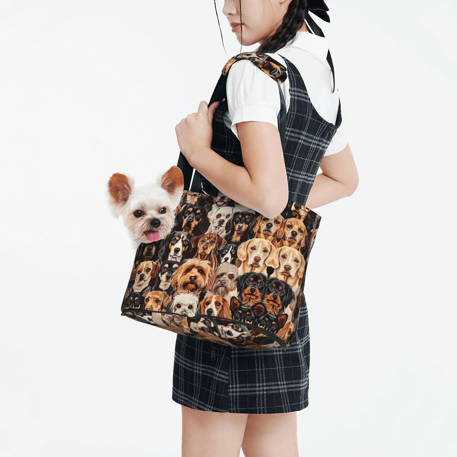 Dogs Pattern Print Portable Foldable Shoulder Bag for Travel,with Collar Hook and Handle Pad,Cute Stylish Design