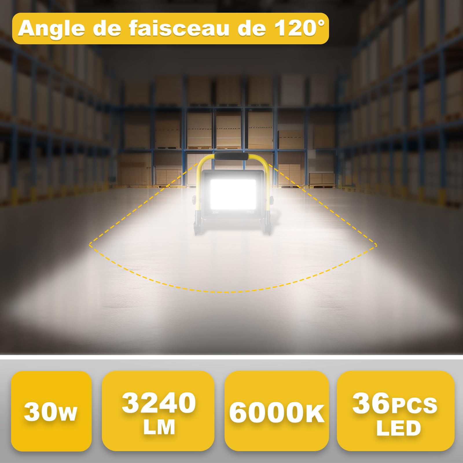 Projecteur de Chantier Led 30w, Lampe de Chantier 3240 Lm, Lampe Chantier Portable 6000k Lumière du jour Blanche, Ip66 Étanche, Prise Ue Lampes de Chantier Avec Fil de3,5m pour Atelier, Garage, Jardin