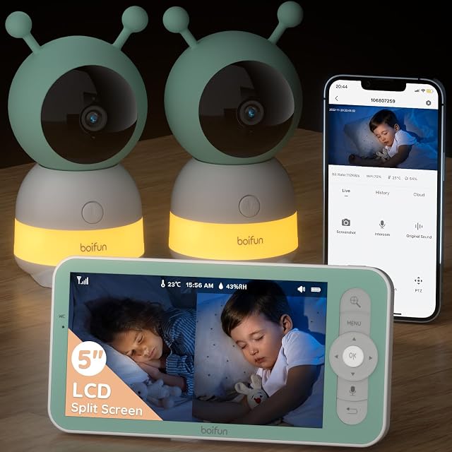 2K Boifun Moniteur bébé WiFi, 360° Caméra avec lumière de nuit & 5 1 cm 3MP Affichage, contrôle de l'application de téléphone & LCD Moniteur, suivi automatique, AI Motion & Détection du son, 3000mAh Batterie, 2-Way Audio