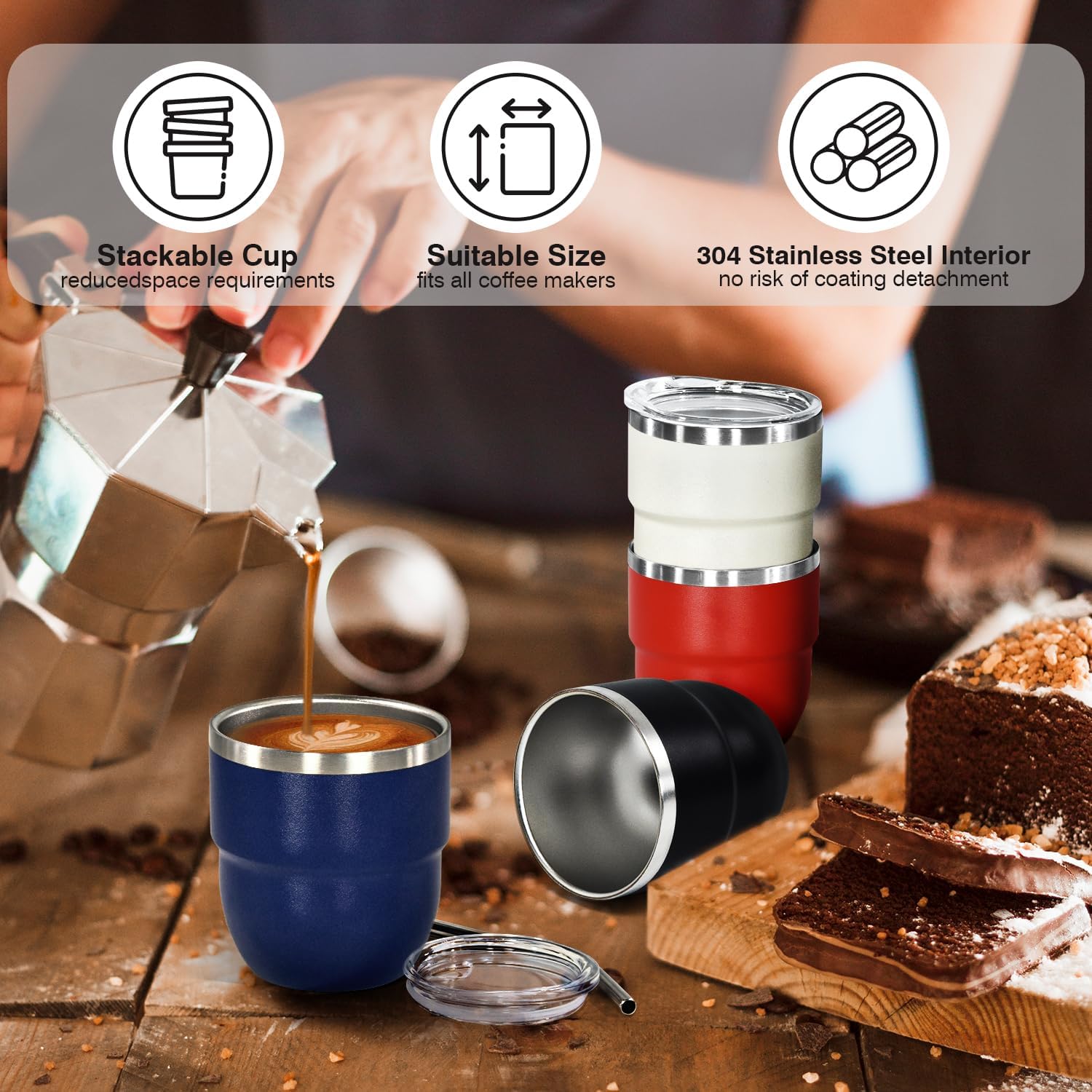 4oz Stackable Cup, 4Pcs Mini Tumbler with Lid and Straw, Stainless Steel Vacuum Insulated Espresso Cup, Cute Coffee Cup for Morning Coffee,Individually Wrapped, Mixed Color - Image 4