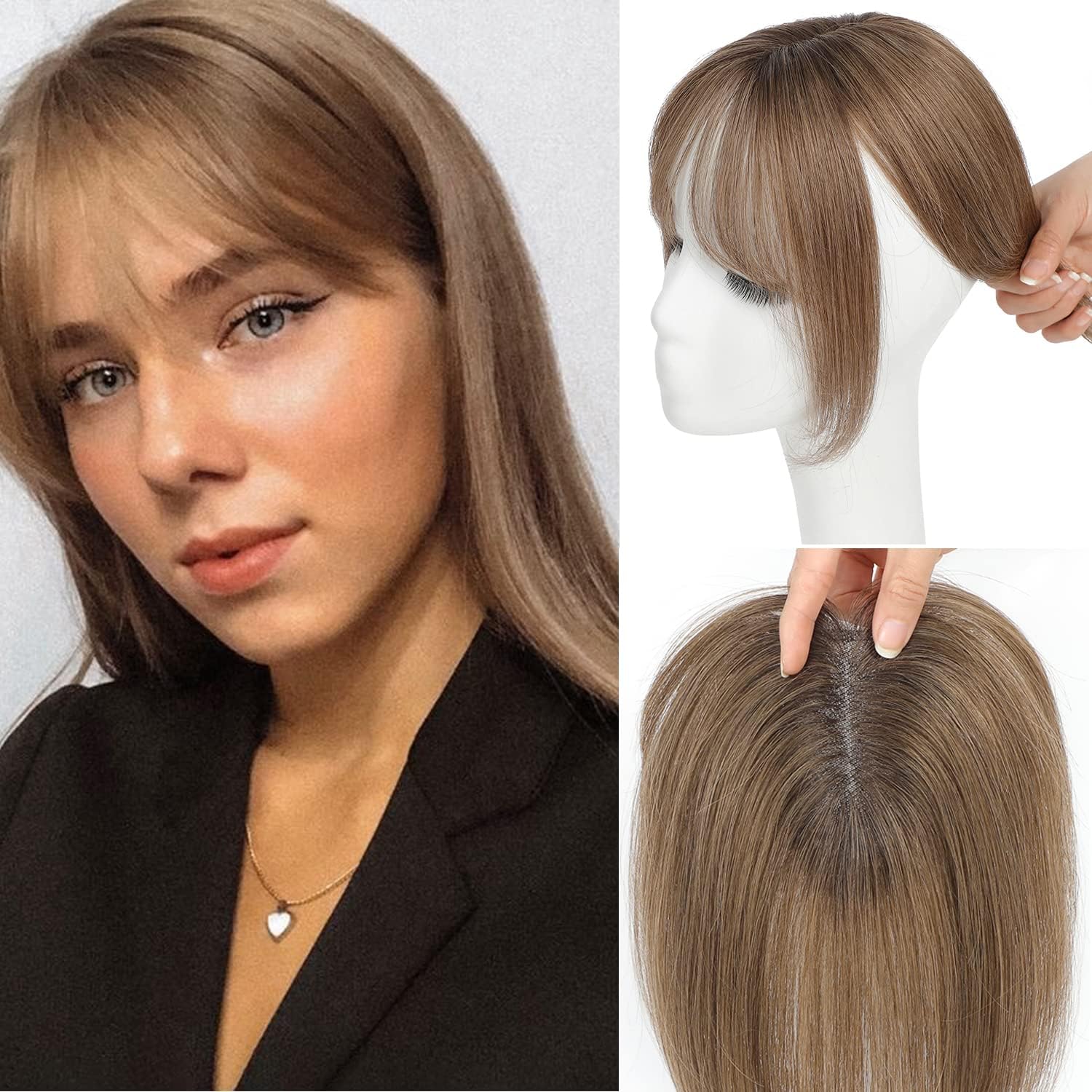 UDU Real Human Hair Toppers for Thinning Hair - Ombre Brown Toppers with Bangs - Clip In Bangs Wiglets for Hair Loss & Gray Hair Cover