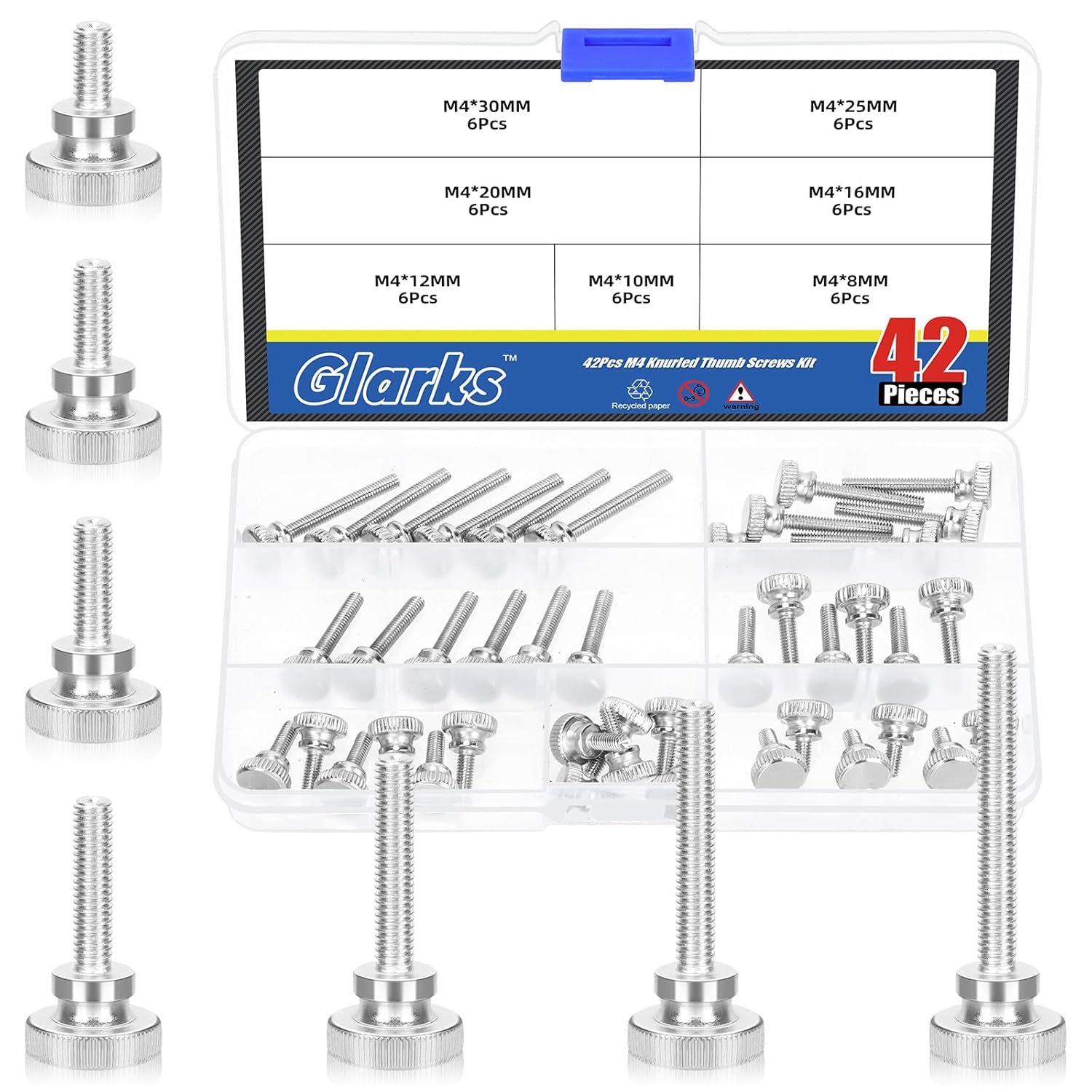 Glarks 42pcs M5 x 8/10/12/16/20/25/30MM Knurled Round Thumb Screws, Fully Threaded Thumb Screw Bolts, Flat Knurled Head Thumb Screws Bolts, Shoulder Grip Knobs Fasteners for Electronic, Mechanical