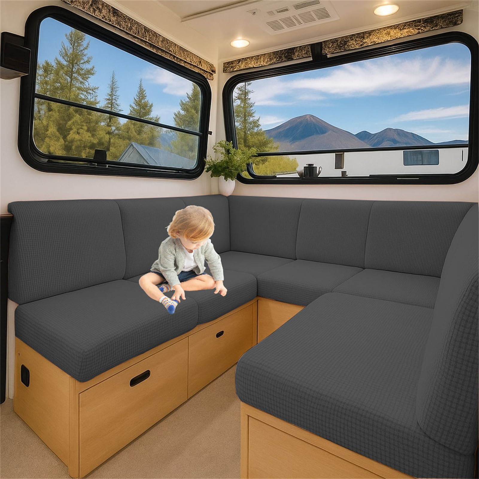 ZGDDPZA Stretch Jacquard RV Caravan Cushion Cover Non-Slip Fit Multi‑Size for Dinette Motorhome, Indoor Seating & Camper Benches (Dark gray,L 150-190cm W 50-65cm)