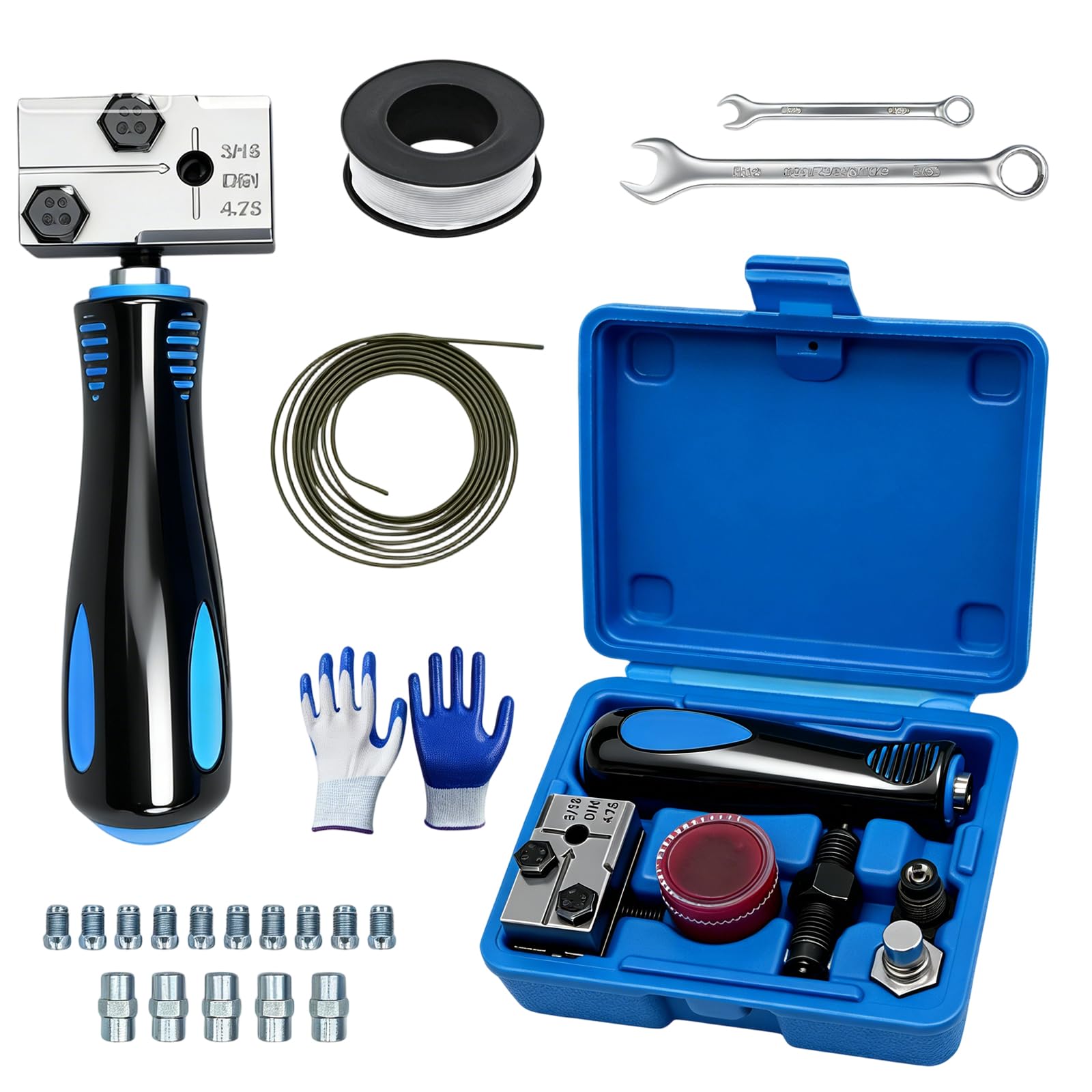 Herramienta de Rebordeo para líneas de Freno DIN con Cable de Freno de 4,75 mm, 5 Conexiones+Cinta de Sellado PTFE, Llave y Guantes para Sistemas de Frenos hidráulicos de vehículos
