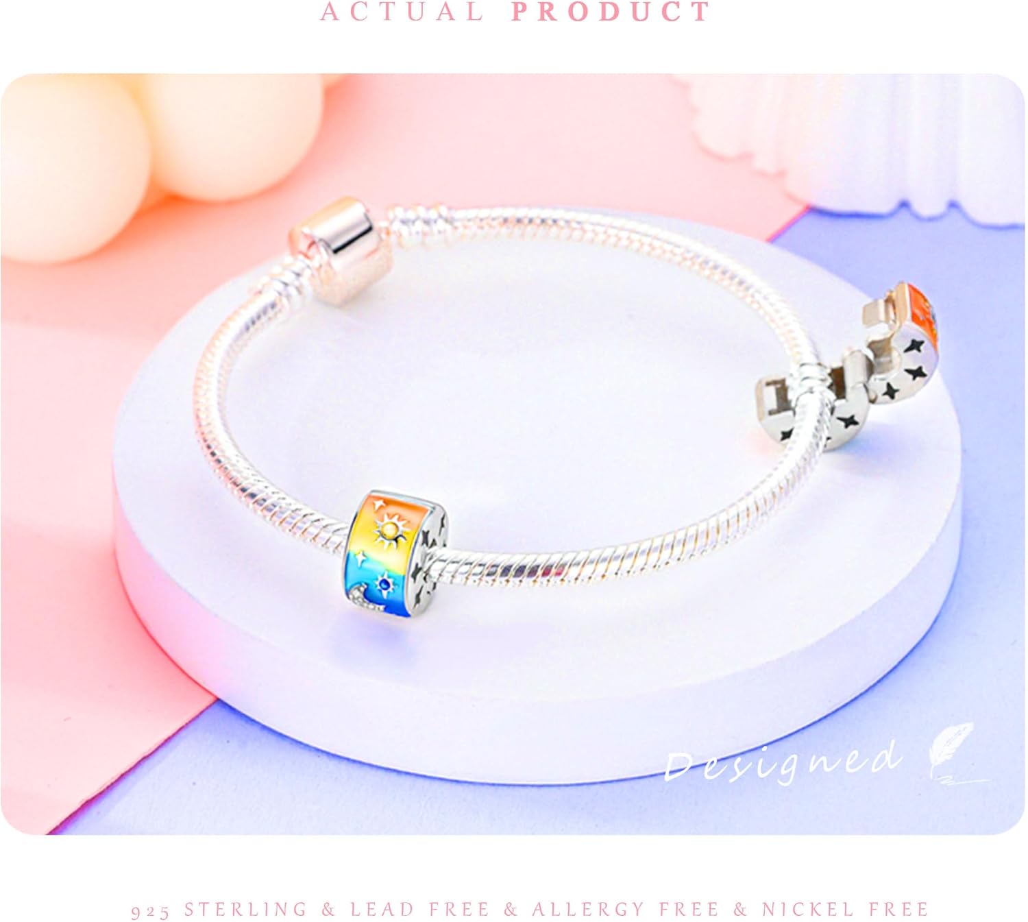 925 Sterling Silver Charms Beads for Bracelets & Necklaces, Rainbow Circle Shaped Cute Colorful Star Moon Charm Birthday Gifts Jewelry for Women Men - Image 5