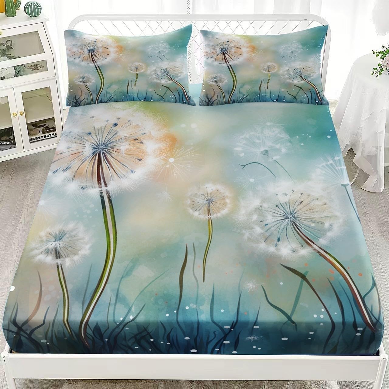 Dandelion Single Fitted Sheet Plants Bed Sheets Deep Pocket 12 inch (30 cm) Soft Cozy 3 Piece Microfibre Bed Sheet 90x190 cm with 2 Pillowcases 50x75 cm