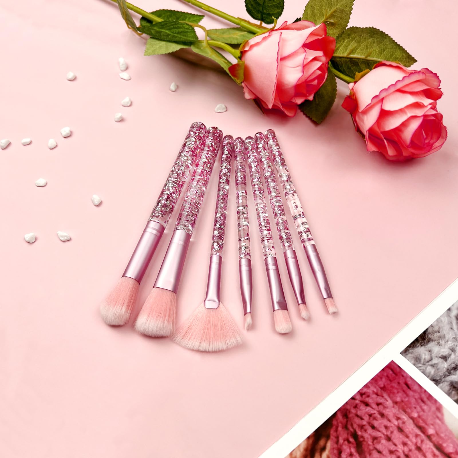 Juego de 7 brochas de maquillaje de unicornio rosa, kit para rubor, labios, base, cejas, polvo suelto, sombra de ojos y brochas con purpurina, regalo creativo