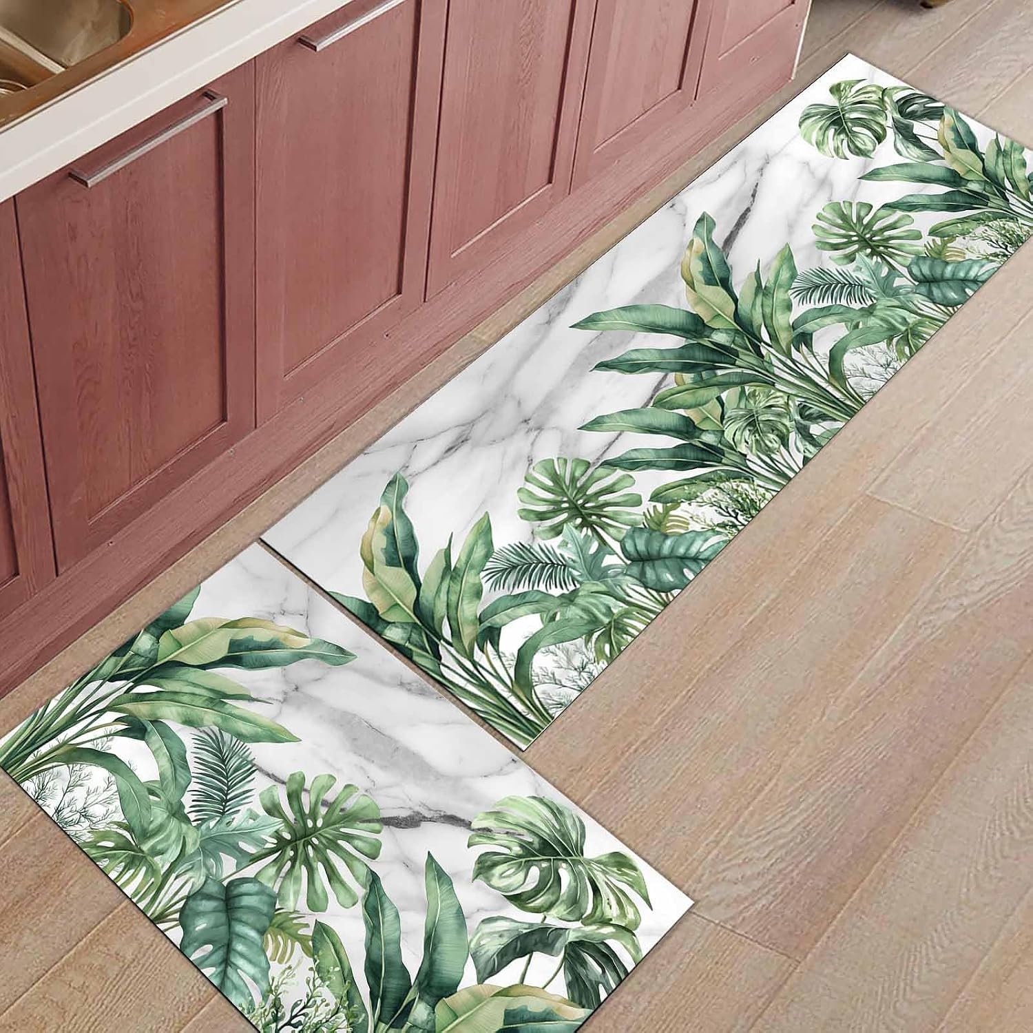 2 Pieces Kitchen Rugs and Mats,Summer Palm Leaf on Marble Texture Area Runner Rug Set Non Slip Floor Doormat Washable Carpet Standing Mat for Kitchen Sink Indoor Corridor,Watercolor Tropical Plant