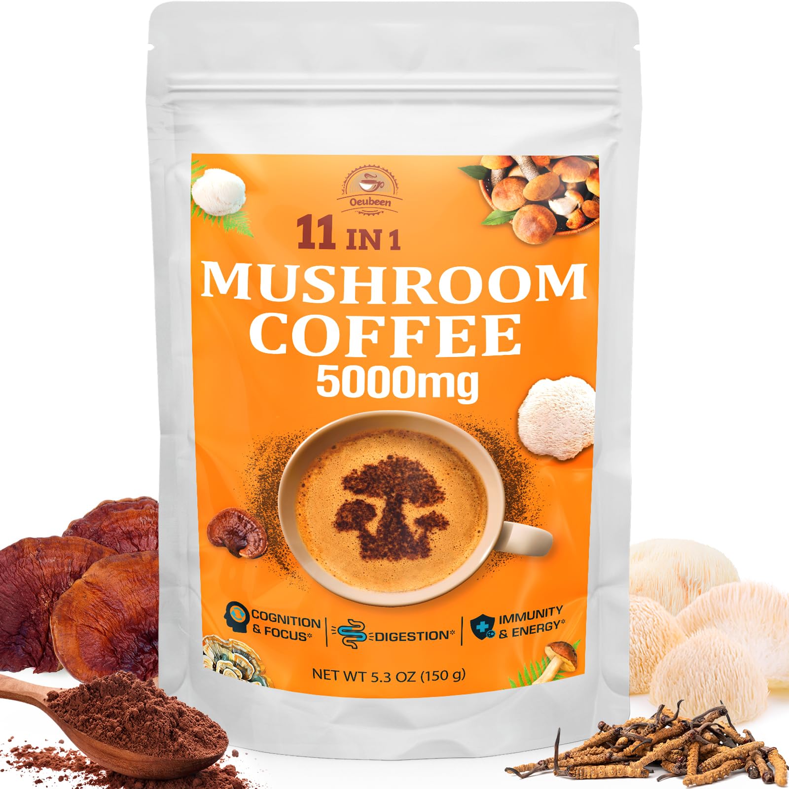 Mushroom Coffee - Mushroom Coffee Organic with 11 Superfood Mushrooms, Includes Lion's Mane, Reishi, Chaga, Cordyceps and Adaptogens, Mushroom Supplement for Energy, Focus, Memory and Immunity - 5.3oz