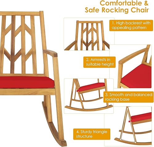 Miniatura 4 de RELAX4LIFE Mecedora de madera para exteriores  Mecedora de patio de gran tamaño con respaldo alto reposabrazos largo cojín suave extraíble mecedora