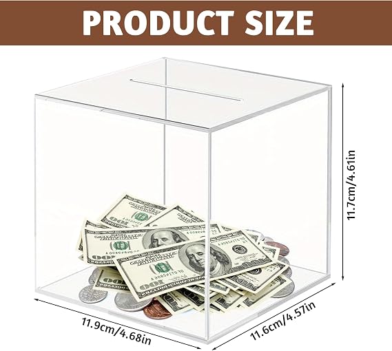 Clear Acrylic Money Box, 12X12X12cm Square Money Saving Box Unopenable Piggy Bank for Adults or Kids, Transparen Money Boxes for Cash or Coins