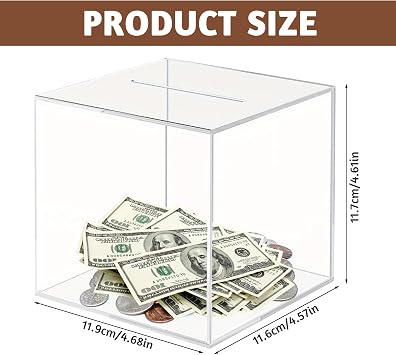 Clear Acrylic Money Box, 12X12X12cm Square Money Saving Box Unopenable Piggy Bank for Adults or Kids, Transparen Money Boxes for Cash or Coins
