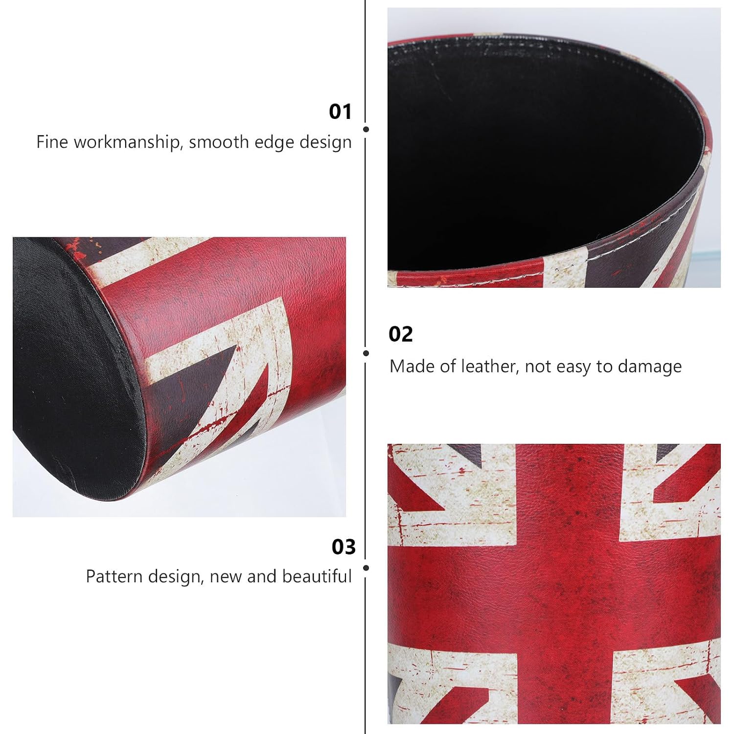 VALICLUD European Style Leather Wastebasket with Union Jack Pattern, Large Household Trash Can, Open Top Decorative Garbage Bin for Office and Home Storage