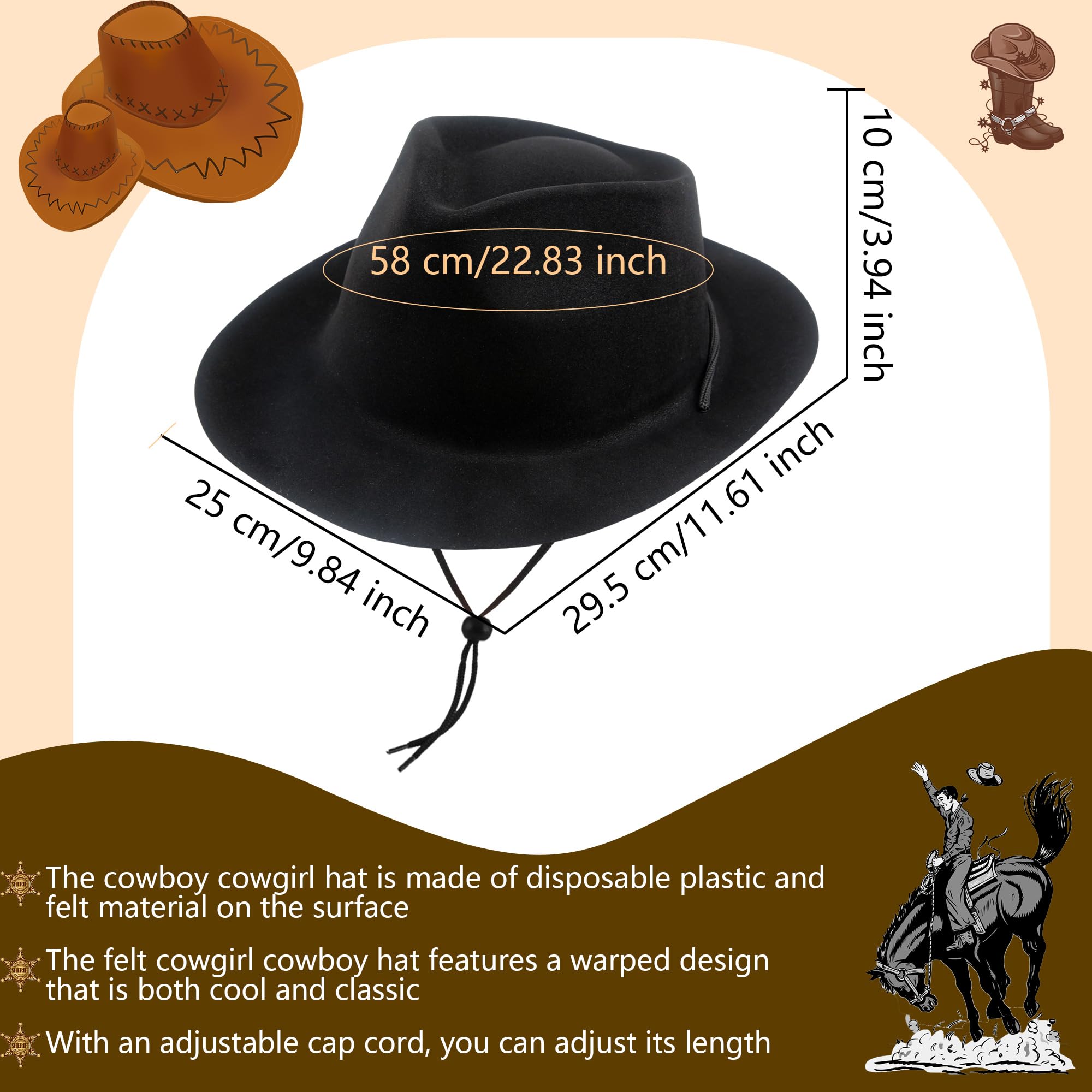 SGBETTER 15 Pack Child Plastic Cowboy Hats Western Cowgirl Hat Cowboy Party Hat for Kids Cowboy Party Supplies Costume Accessories (Black)