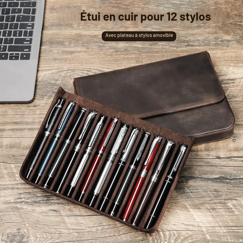 Contacts Étui à crayons en cuir véritable, étui de protection vintage pour voyage, accessoire de bureau élégant, boîte de rangement pour crayons, Café 1-12, Trousse de beauté, CF9050