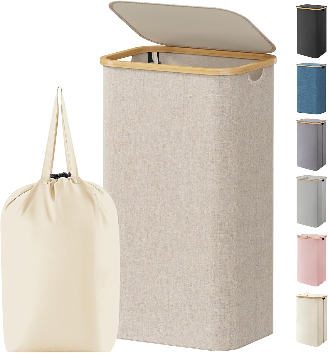 Lifewit Cesto para la Ropa Sucia con Tapa de 100 L, Cestos para Ropa con Asas de Bambú y 1 Bolsa Extraíble, Cesto para la Ropa Plegable Grande para Dormitorio, Baño, Dormitorio, Lavadero, Beige