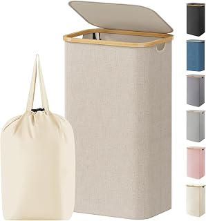 Lifewit 100L Laundry Hamper with Lid, Removable Bag & Bamboo Handles - Large Foldable Clothes Basket for Bedroom, Bathroom, Dorm, Beige