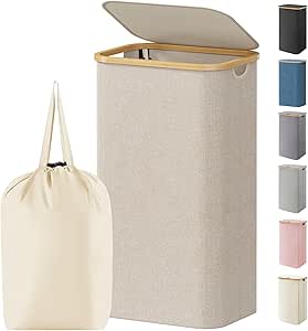 Lifewit 100L Laundry Basket with Lid, Removable Inner Bag, Bamboo Handles, Foldable
