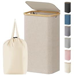 Lifewit 100L Laundry Basket with Lid, Clothes Hampers for Laundry with Bamboo Handles and 1 Removable Bag, Large Foldable Laundry Hamper for Bedroom, Bathroom, Dorm, Laundry Room, Beige