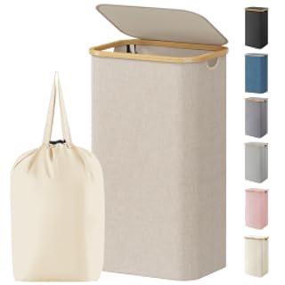 Lifewit - Cesta para ropa sucia de 100L con tapa, cestas para ropa con asas de bambú y una bolsa extraíble, cesta grande plegable para ropa sucia para dormitorio, baño, dormitorio universitario | Foldable Laundry Hamper with Bamboo Handles, Tall Laundry Bin, Dirty Clothes Hamper for Laundry Room, Bedroom, Bathroom, Dorm