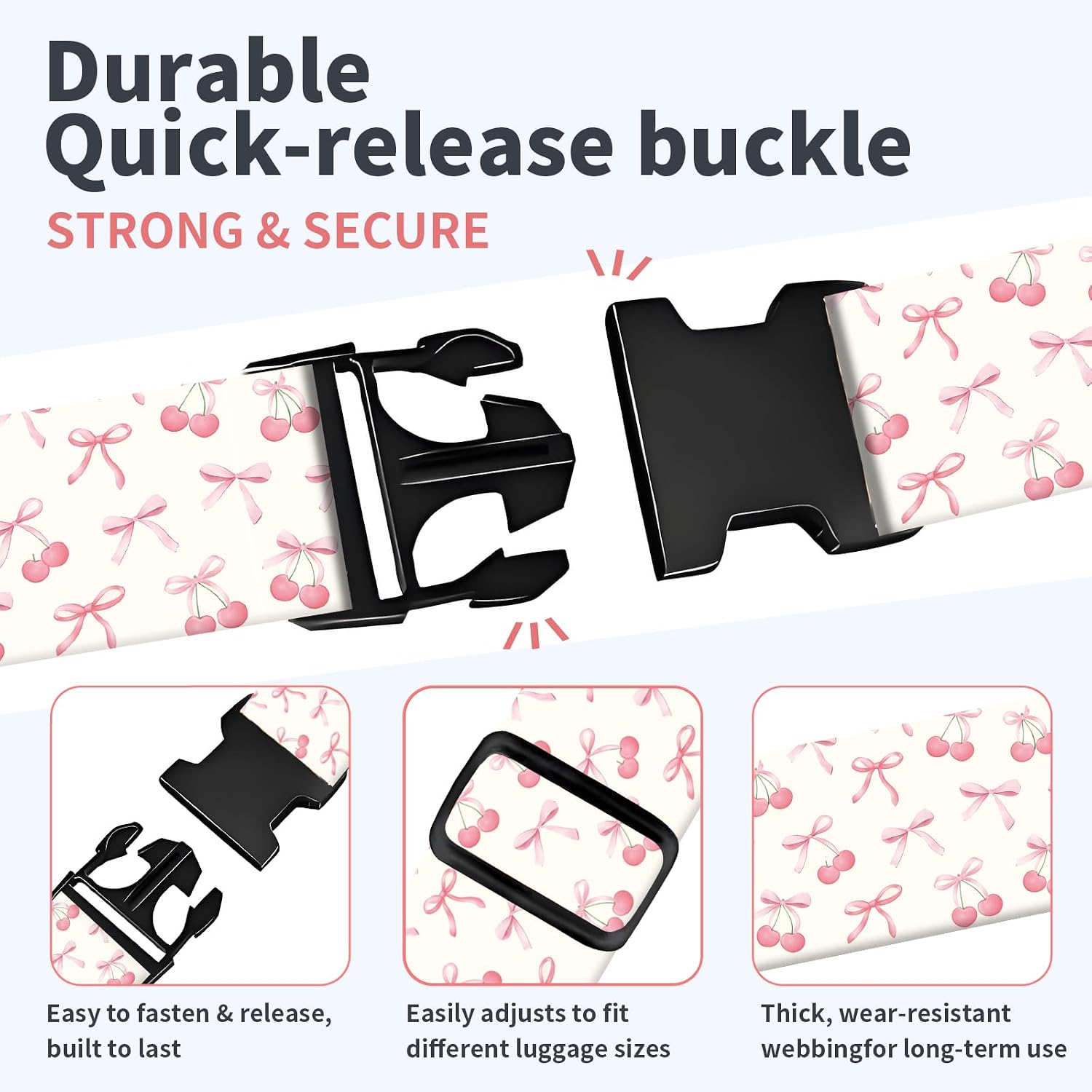 Luggage Strap for Suitcases Adjustable Travel Belt with Quick Release Buckle, Cute Travel Accessories for Suitcase Strap Cute Cherry Bow