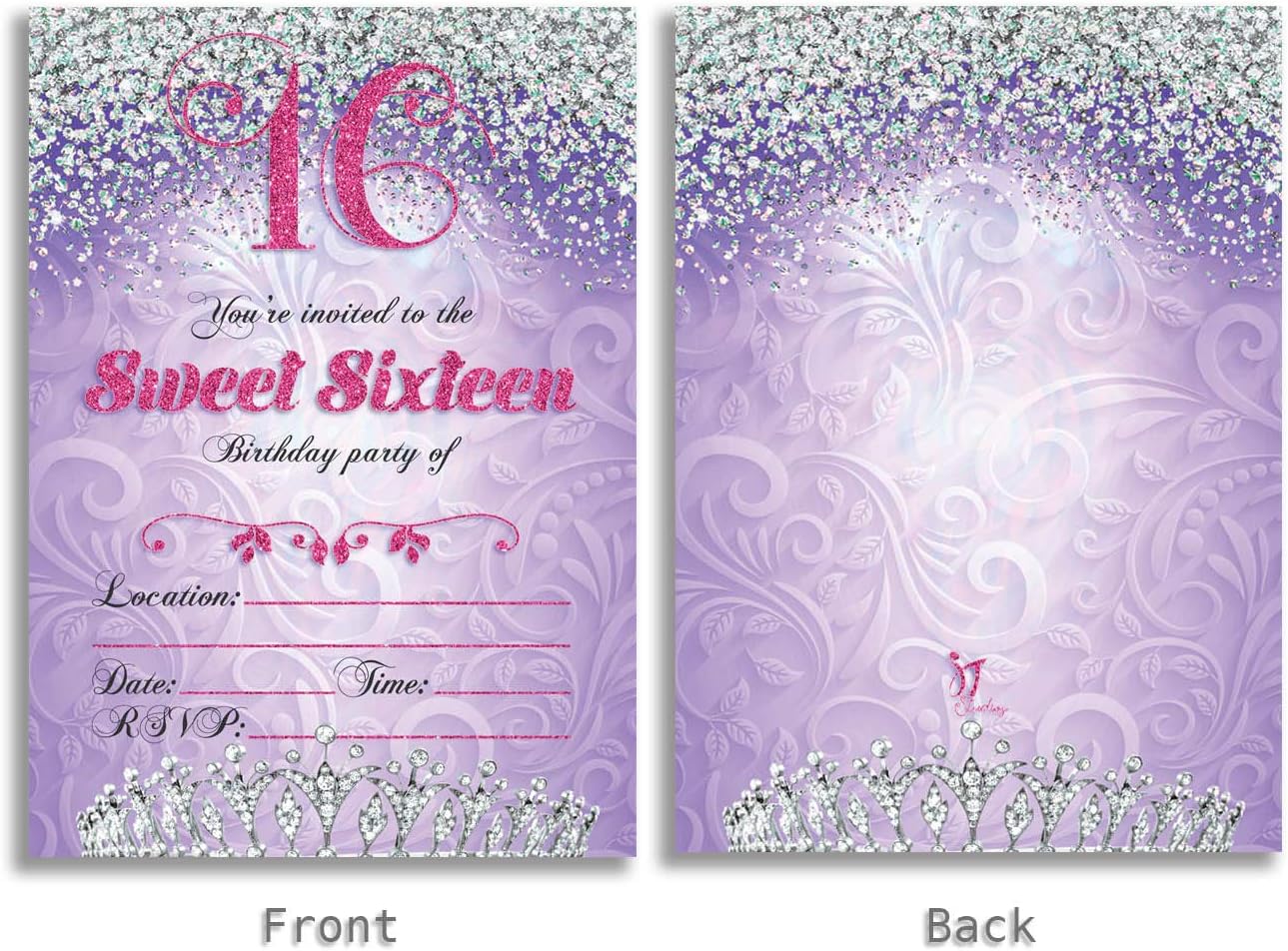 Sweet 16 Sixteen Birthday Party Double Sided Purple Invitations, Set of 25 5x7 Girl's 16th Birthday Invitations includes Envelopes